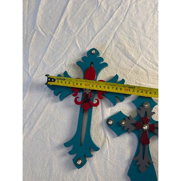 Pair of Turquoise Layered Wall Crosses – Rhinestones & Red Fleur-de-Lis - Picture 6 of 7
